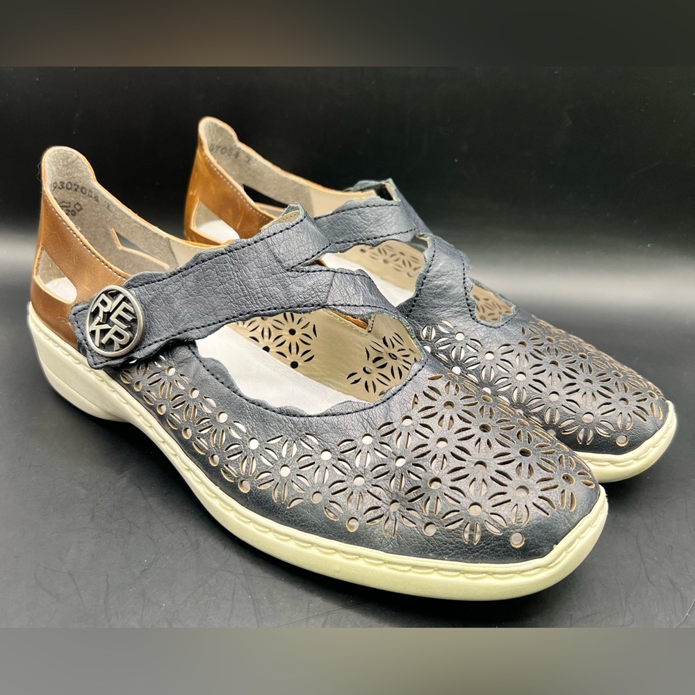Rieker-Women's Blue/Tan Cutout Flats, Size:40, Doris